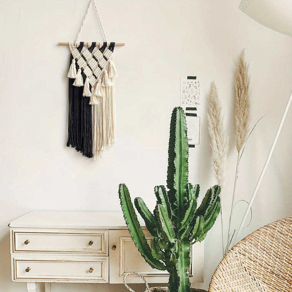 Macramé Mural Noir Et Blanc | 60 x 30 cm