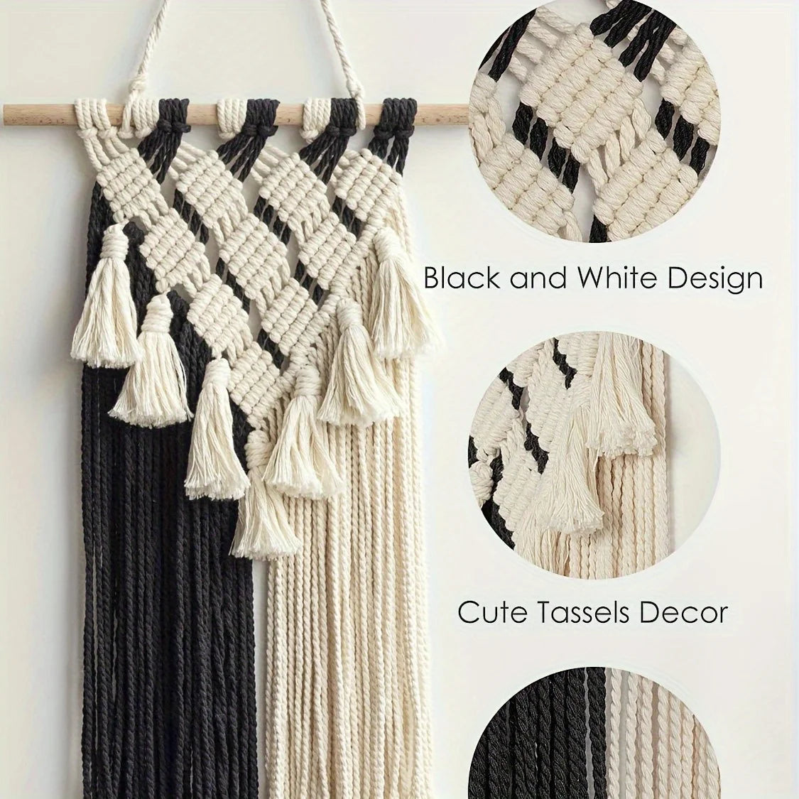 Macramé Mural Noir Et Blanc | 60 x 30 cm