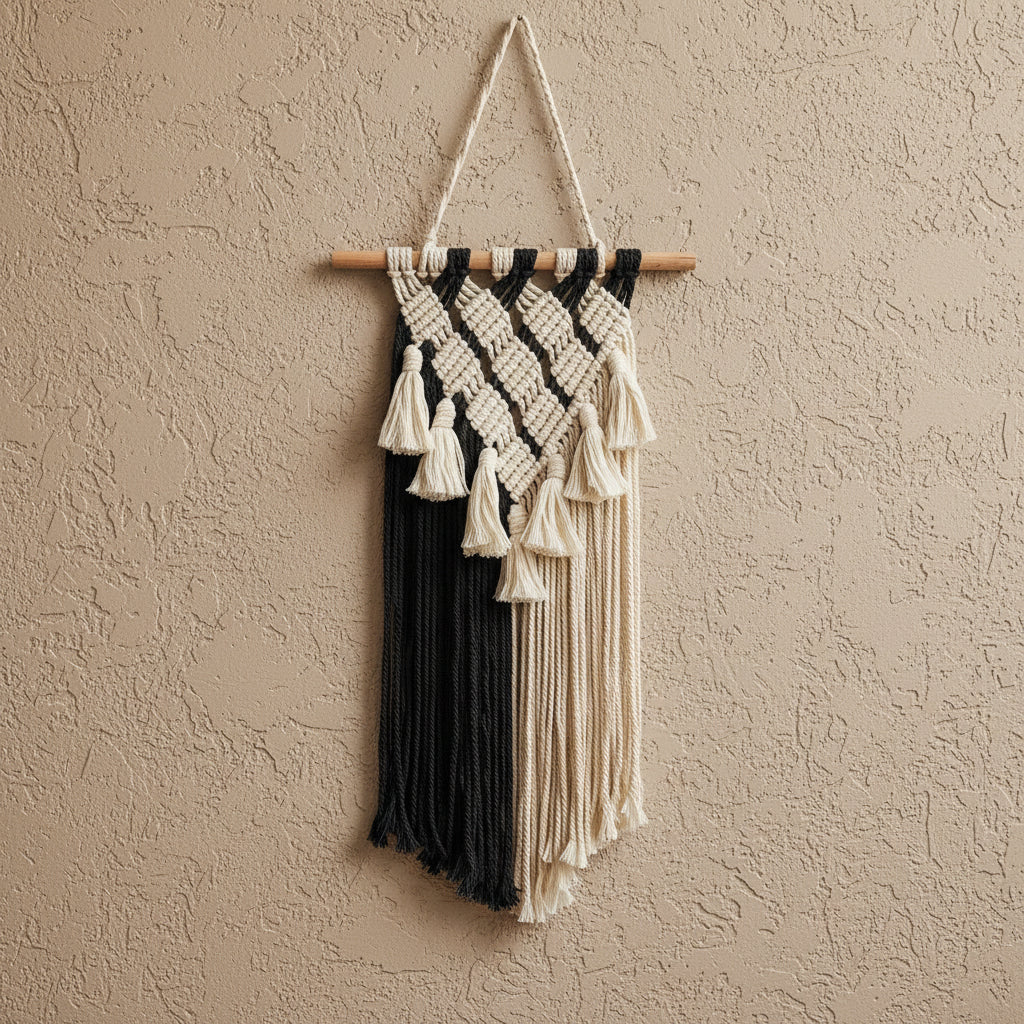 Macramé Mural Noir Et Blanc | 60 x 30 cm